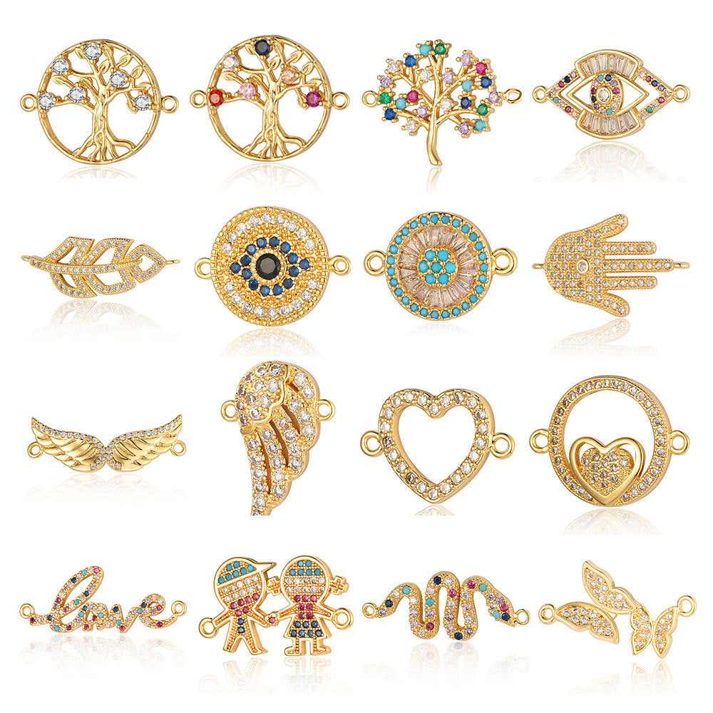 Accesorios de conexión de cobre y circonita con forma de pluma de ojo del árbol de la vida 
