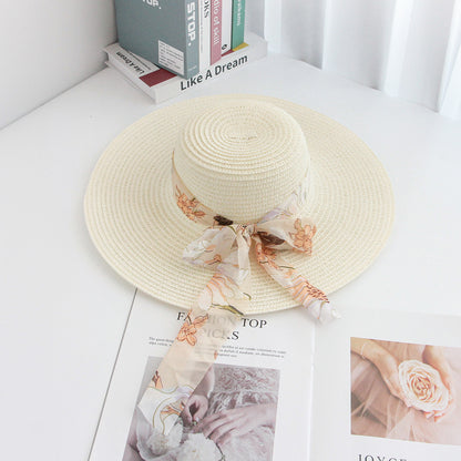 Beach Straw Hat Wide-Brim UV Protection Foldable with Bow