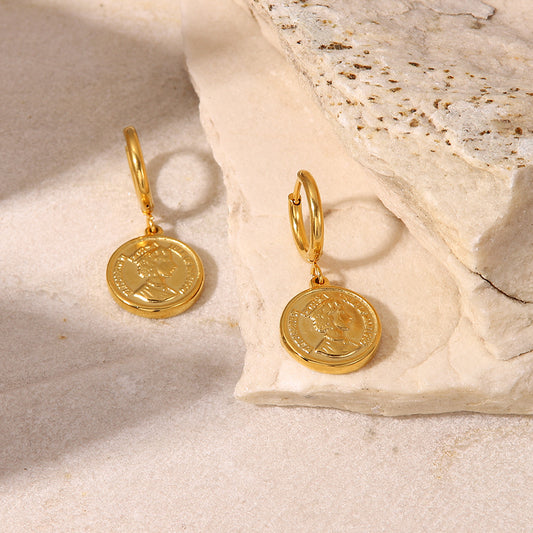 Pendientes colgantes con moneda con cabeza de reina 