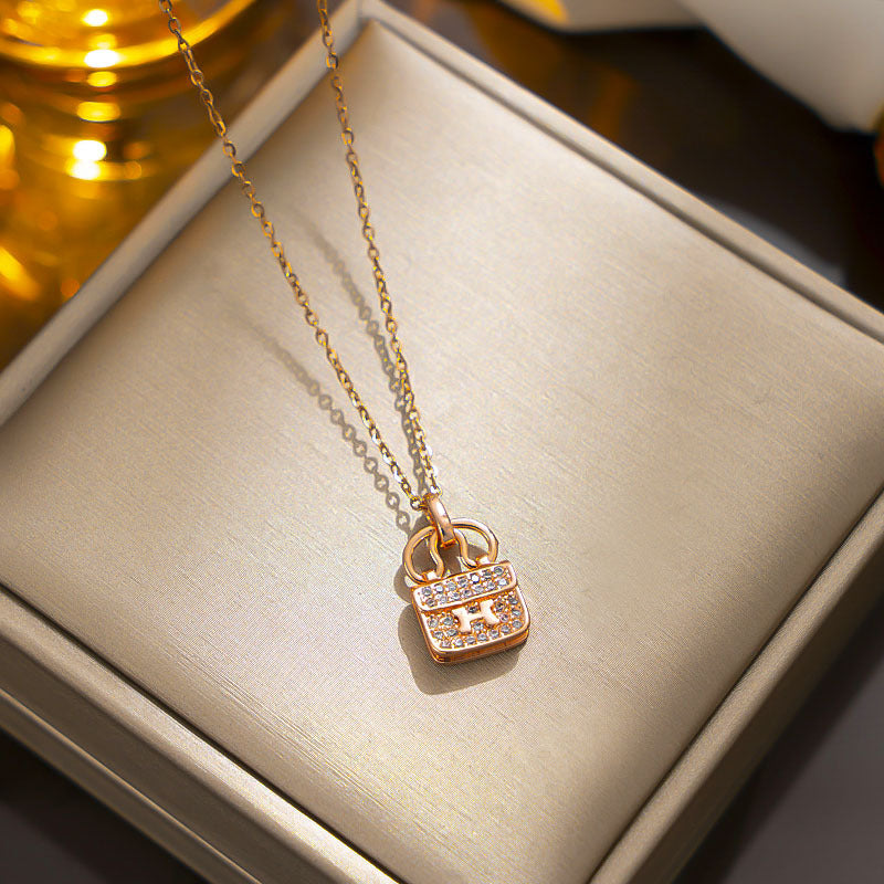 H Letter Bag Pendant Necklace, Titanium Steel, Full Rhinestones