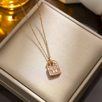 H Letter Bag Pendant Necklace, Titanium Steel, Full Rhinestones