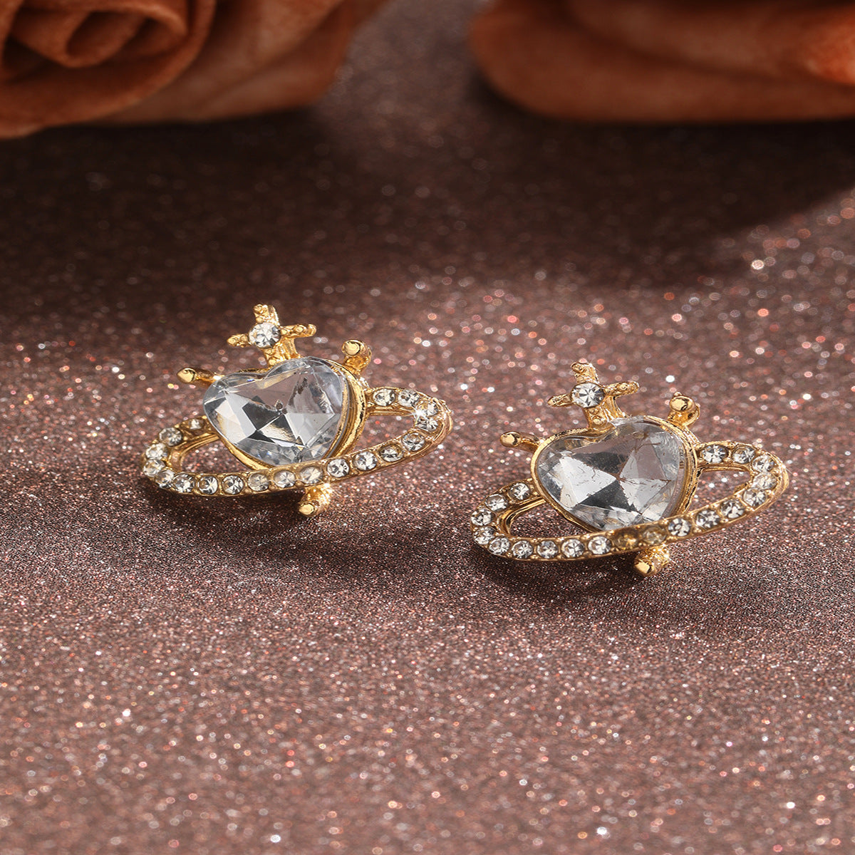 Zircon Planet & Peach Heart Earrings