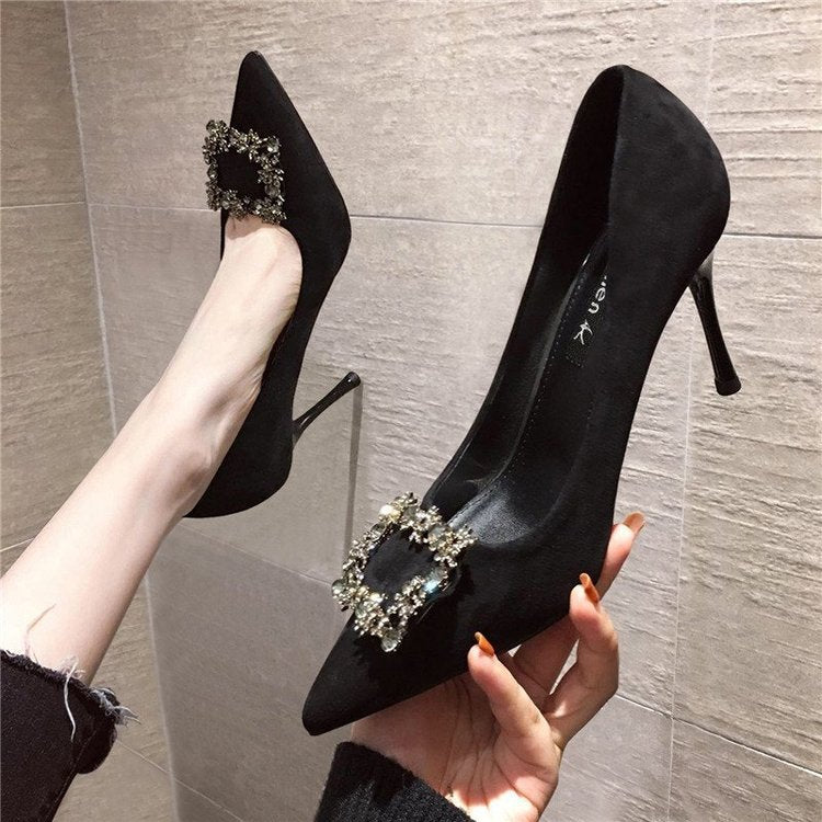 High-heeled suede square buckle shoes