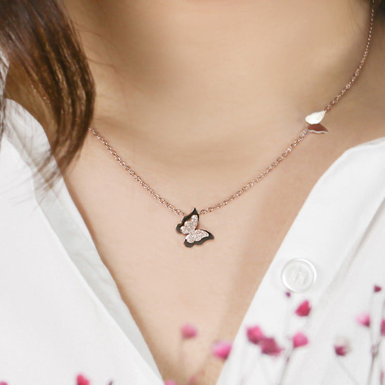 Women's Rose Gold Frosted Double Butterfly Titanium Steel Collarbone Necklace