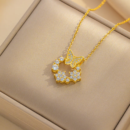 Chic Zircon Colorful Bow Donut Pendant New Titanium Steel Necklace