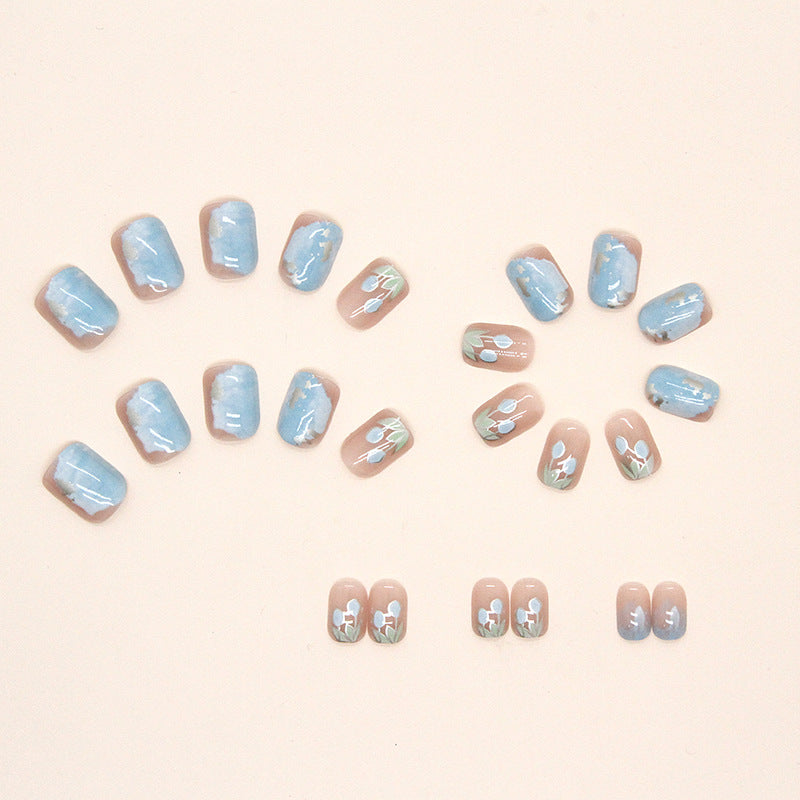 Blue Tulip Oil Painting Short Nails