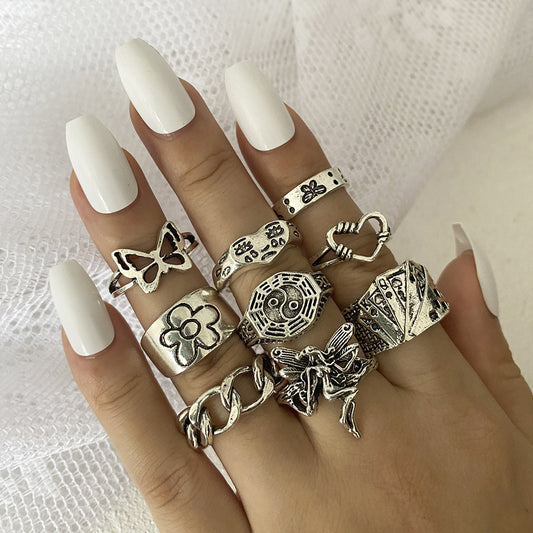Retro Crying Face & Daisy 9-Piece Ring Set