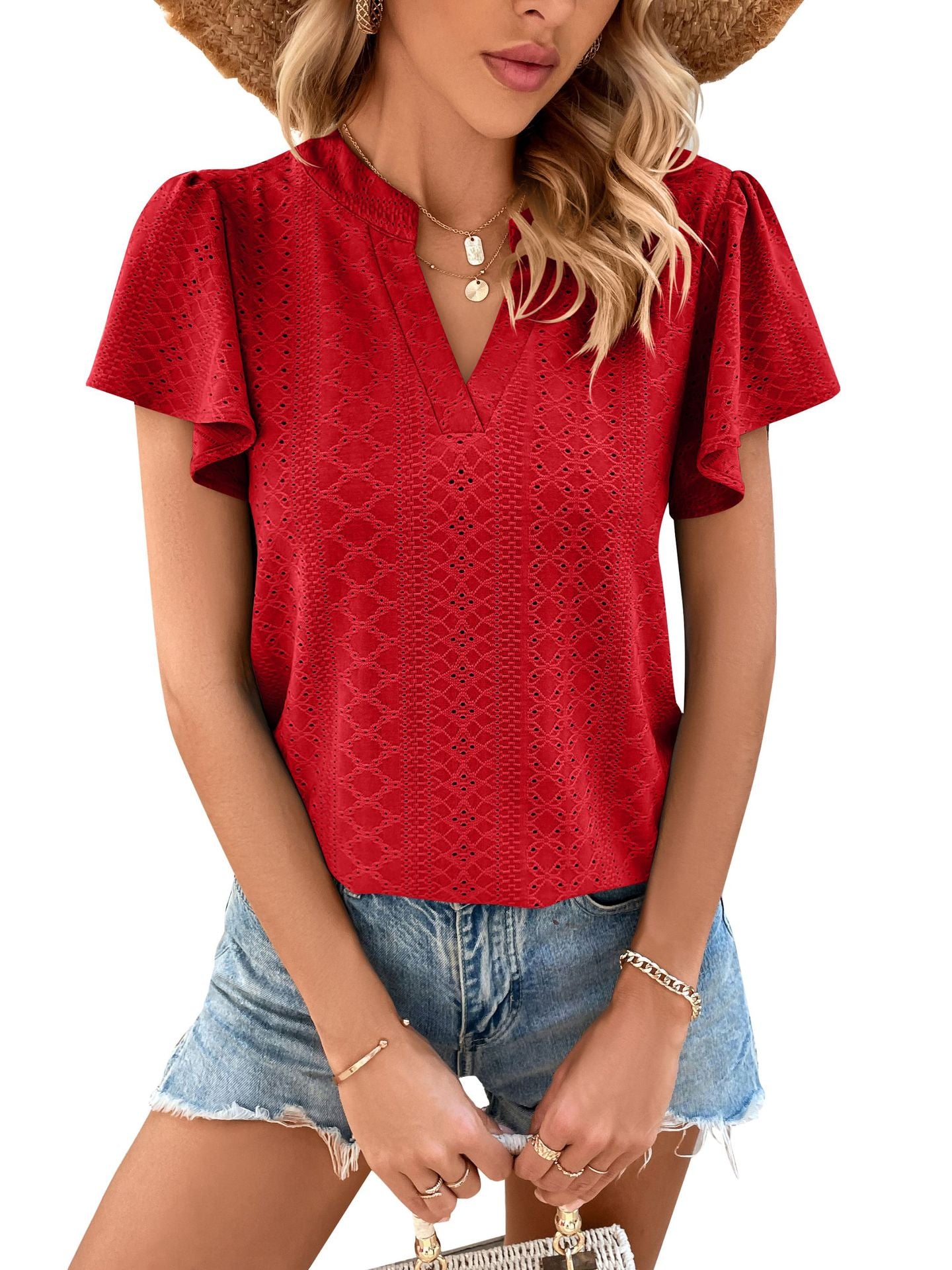 V-Neck Pleated Lotus Leaf Sleeve T-Shirt