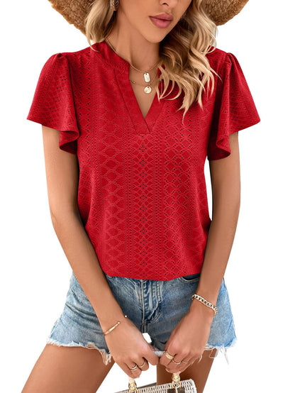 V-Neck Pleated Lotus Leaf Sleeve T-Shirt