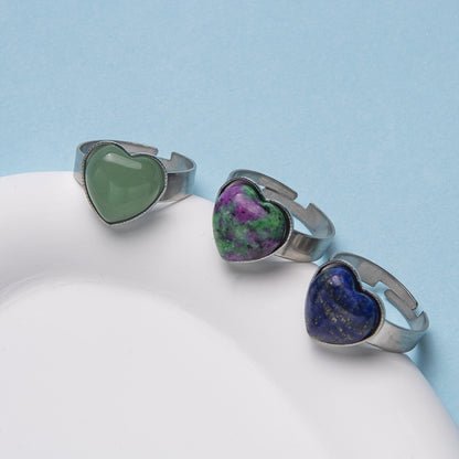 Anel de aço inoxidável ajustável de pedra natural em forma de coração 