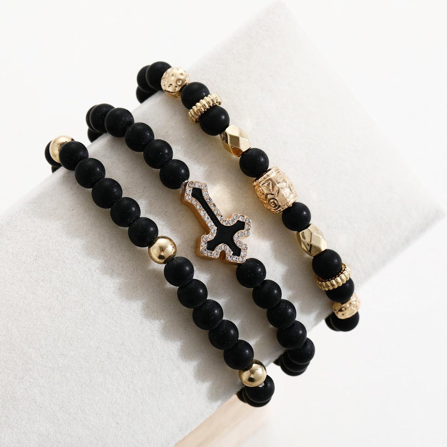 Matte Gold Bead Cross Bracelet Set