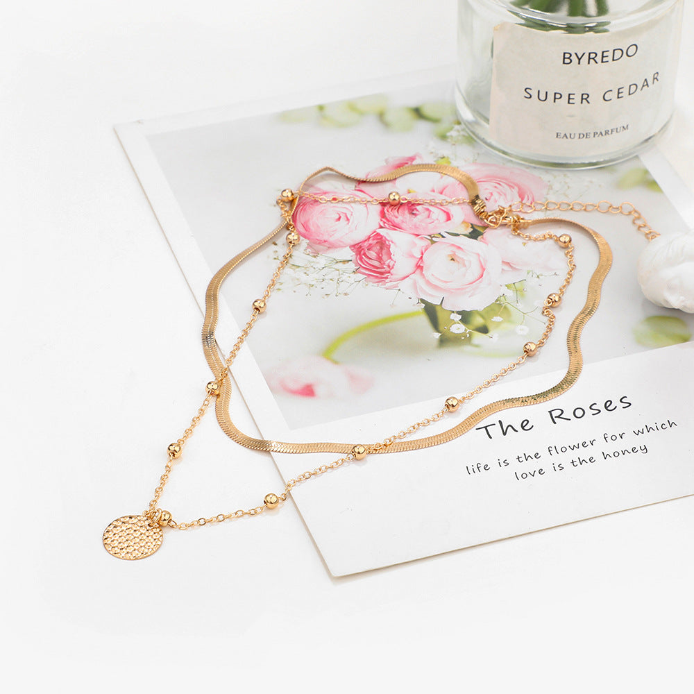 Hammered Pendant Double Layer Necklace