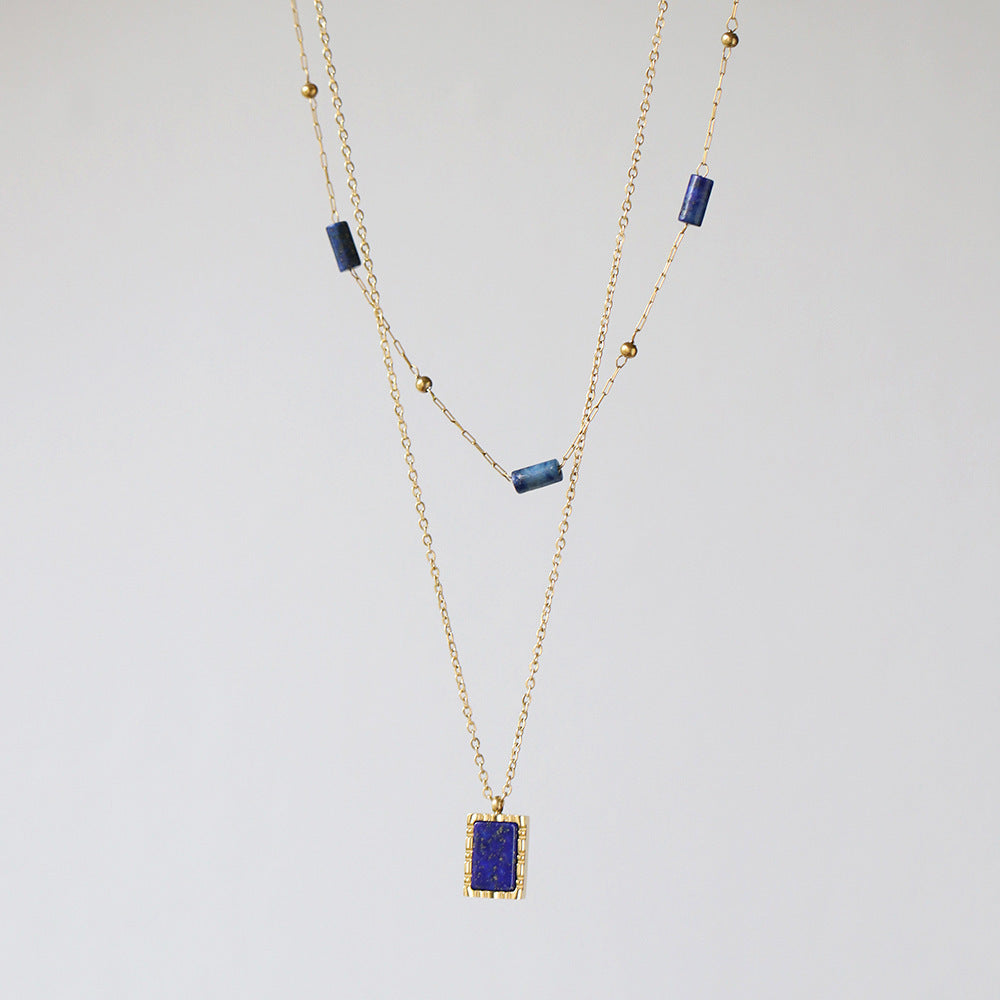 Handmade Lapis Lazuli Tube-Bead Gold-Plated Titanium Steel Collarbone Necklace