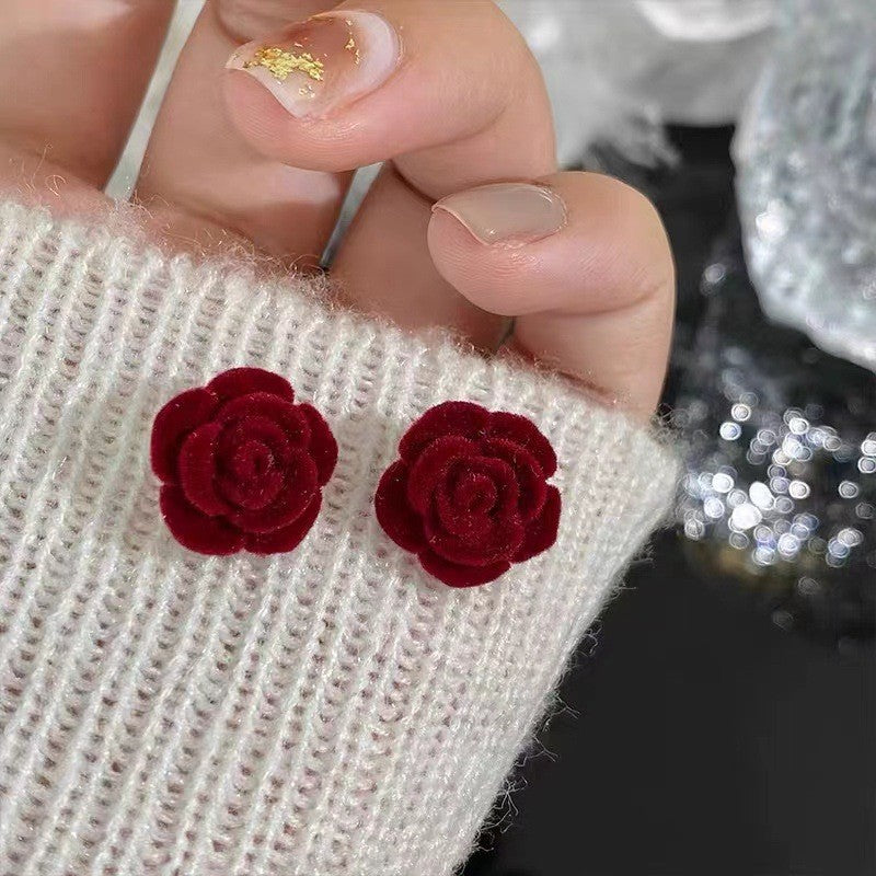 Burgundy Flocking Rose Tea Mountain Flower Earrings