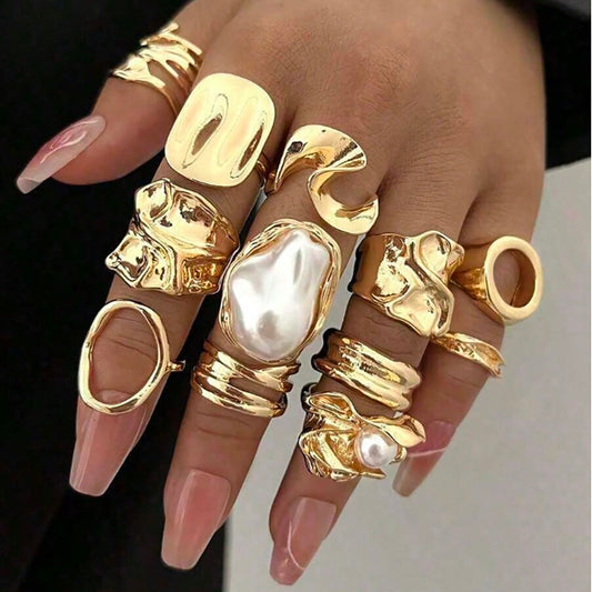 Irregular Pearl Gold-Plated 12-Piece Ring Set