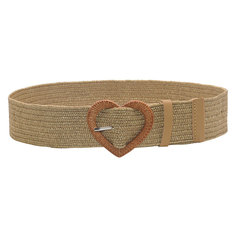 Heart-shaped wooden buckle pp grass woven elastic belt