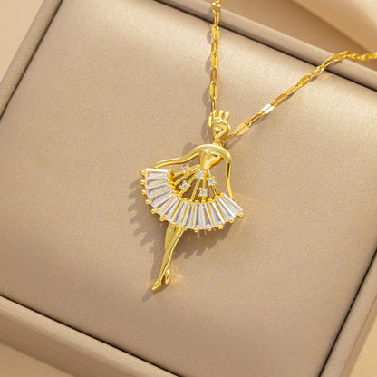 Colar de titânio com pingente de menina de balé de zircônia de alta qualidade 