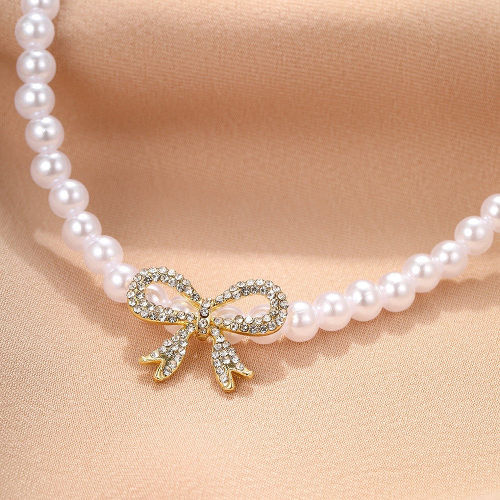 Diamond Bow Pearl Necklace