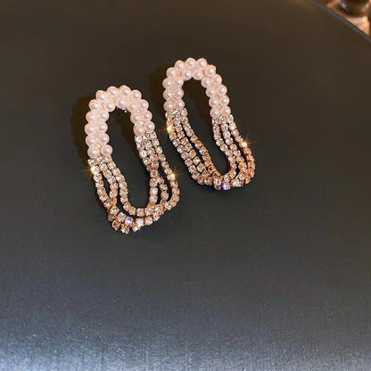 Diamond Pearl Oval Tassel Earrings