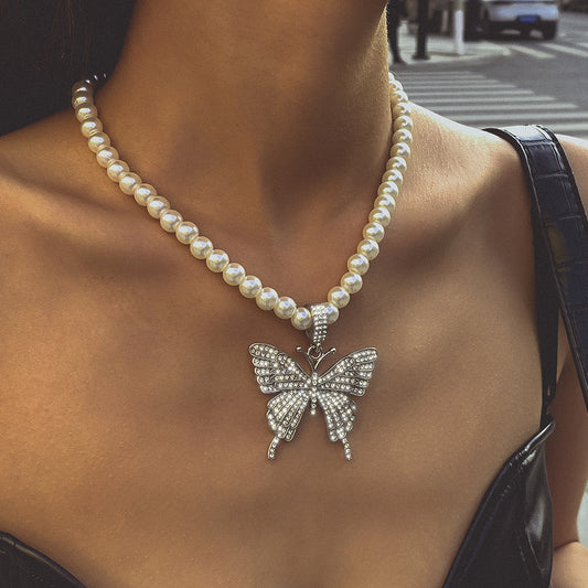 Tassel Diamond Butterfly Pearl Necklace