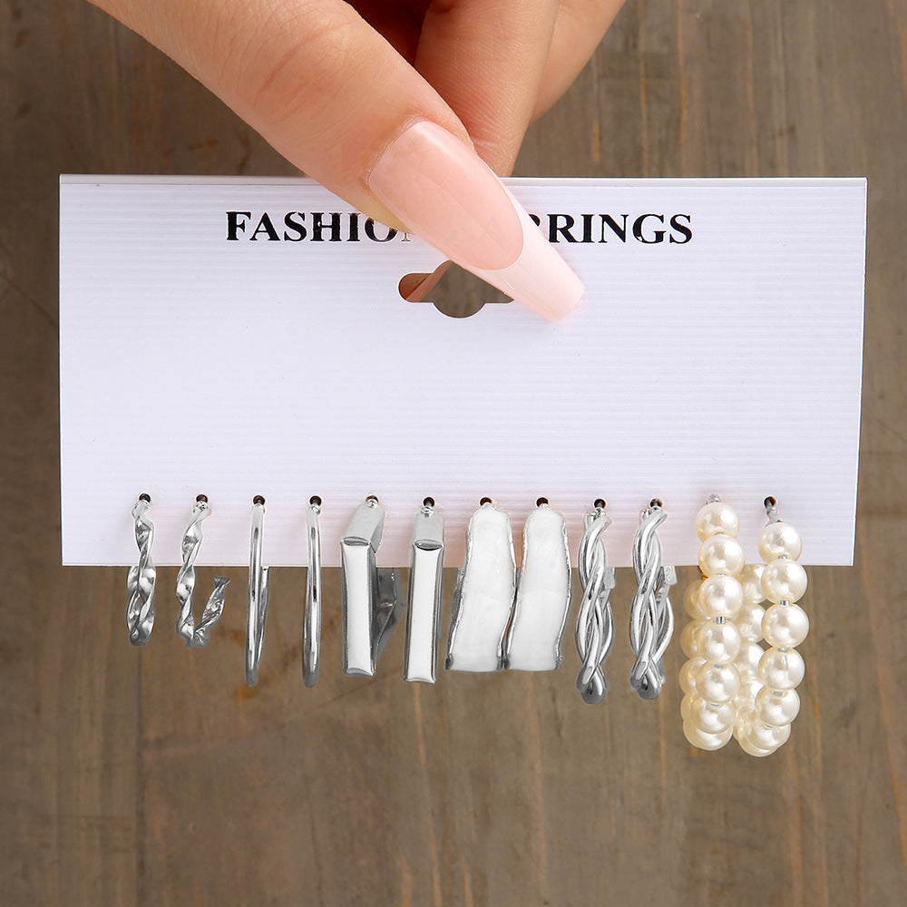 Retro Geometric Pearl 6-Piece Earring Set