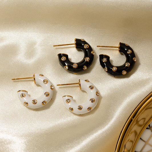 Black oil drop diamond C-shaped earrings