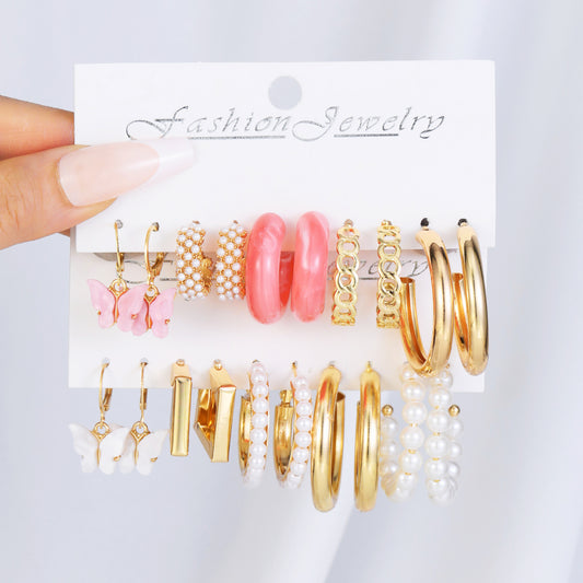 10 pares de pendientes de cadena en C de acrílico rosa 