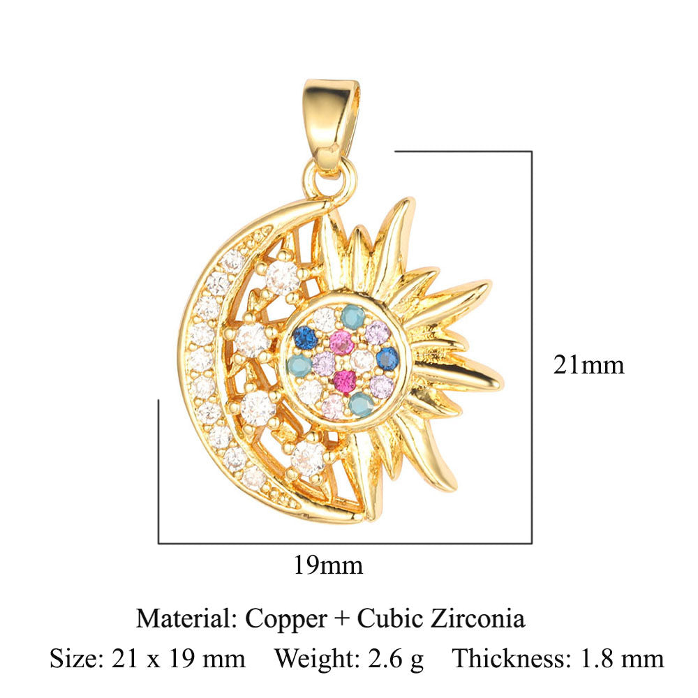 Colgante de cobre y circonita con forma de sol, luna y estrellas 
