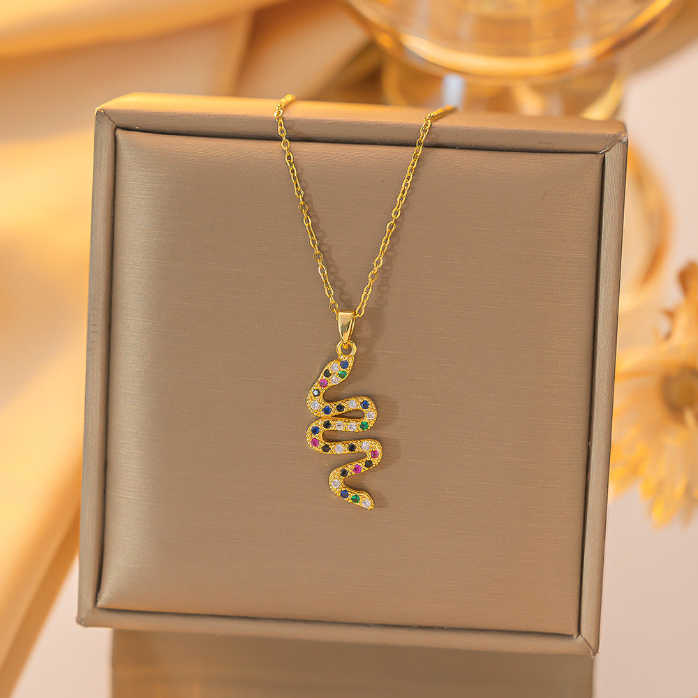 Women's Gold-Plated Snake Pendant Necklace with Colored Zircons