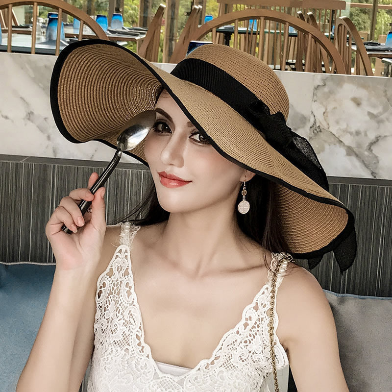 Beach Straw Hat Wide-Brim UV Protection Foldable with Bow