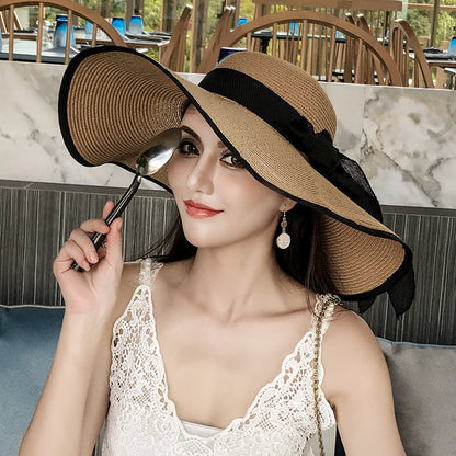 Beach Straw Hat Wide-Brim UV Protection Foldable with Bow