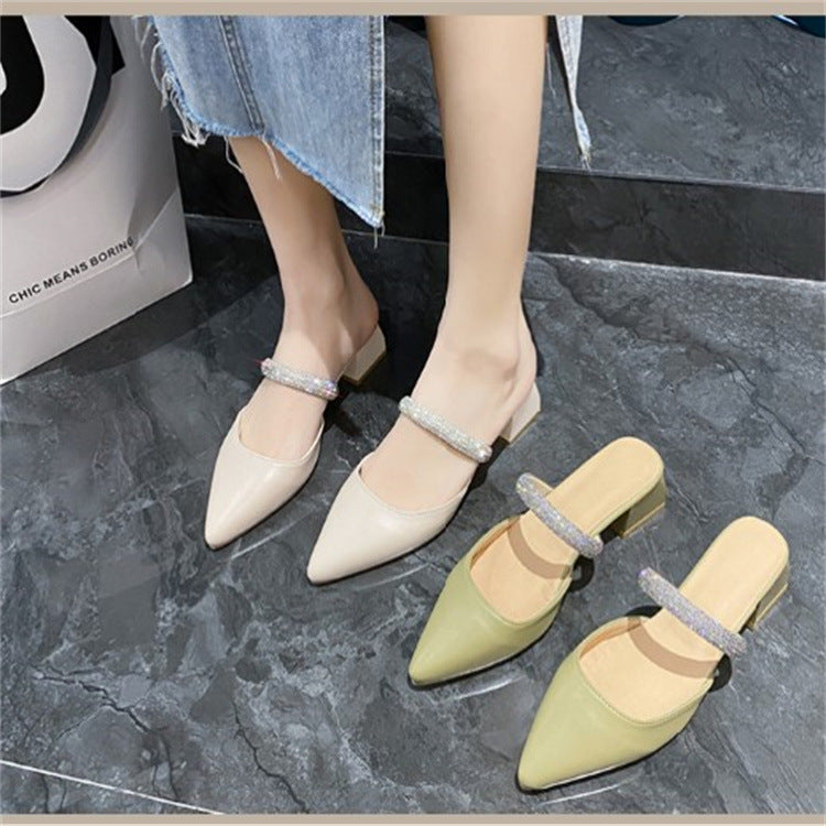 Thick Heel Pointed Shoes Fashion Rhinestones