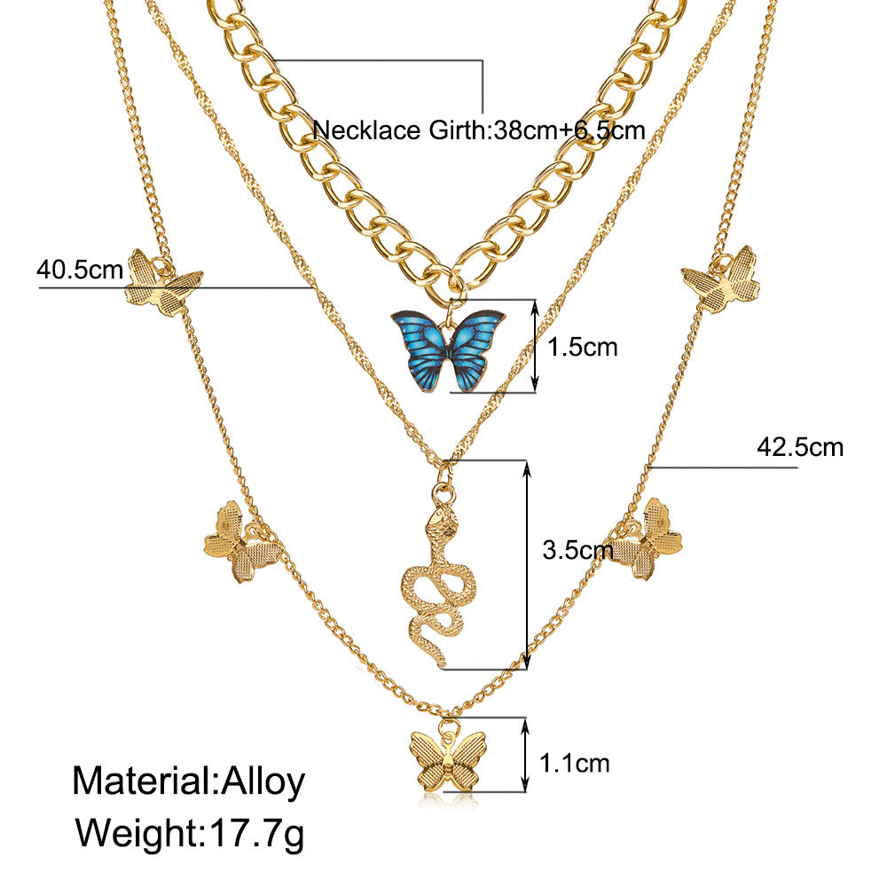Colorful butterfly necklace three-layer necklace