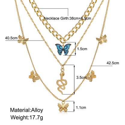 Colorful butterfly necklace three-layer necklace