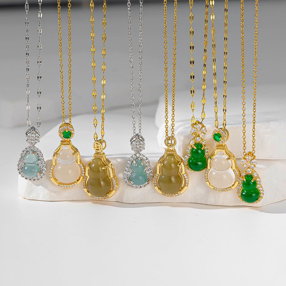 Full of diamond copper micro-inlaid jade gourd necklace female