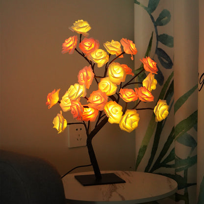 Luz nocturna de decoración de lámpara de árbol de rosas de simulación LED con interruptor USB 
