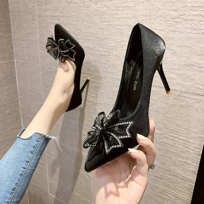 Bow rhinestone pointed shallow mouth high heels