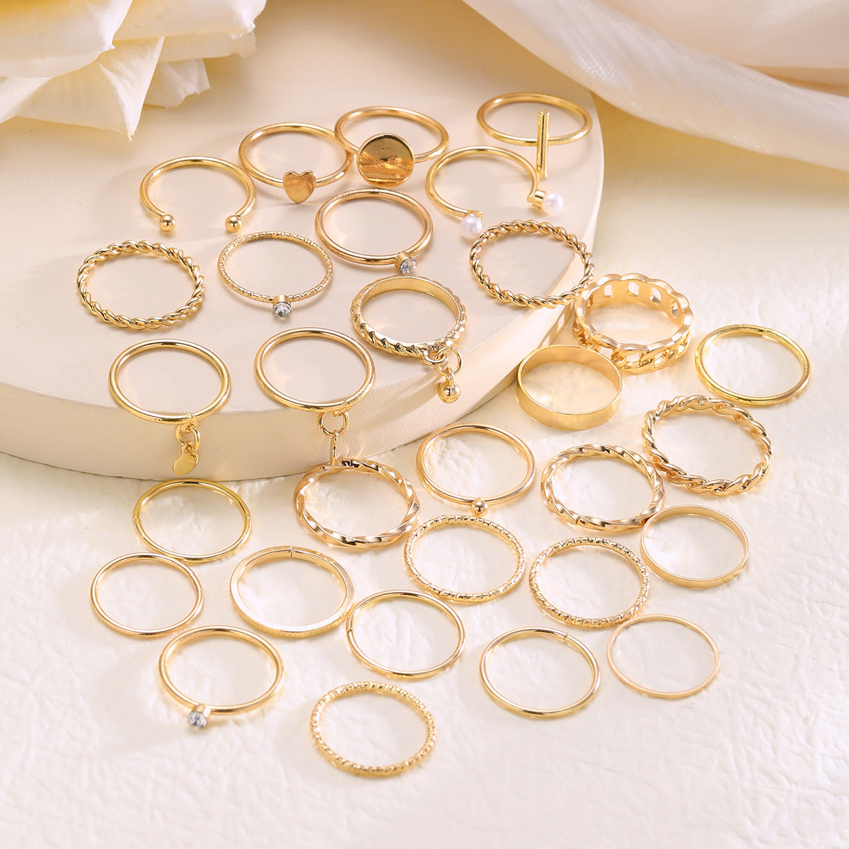 Pearl Heart Water Drop Disc Ring 30-piece Set