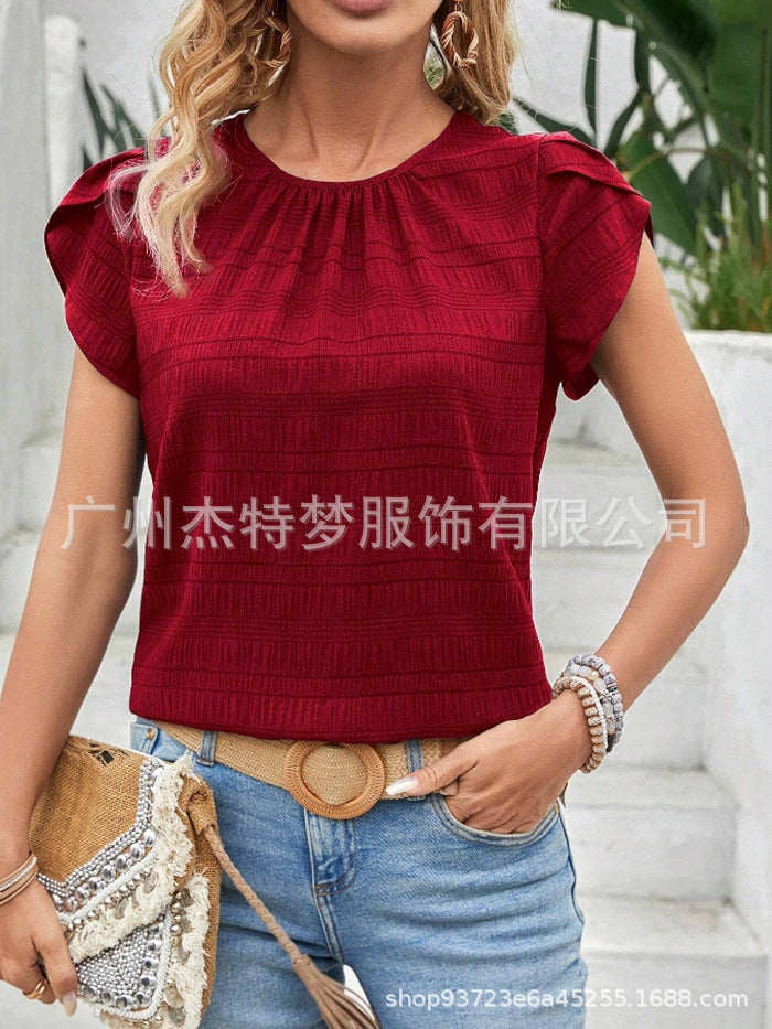 Crew Neck Petal Sleeve Temperament Short Sleeve Top