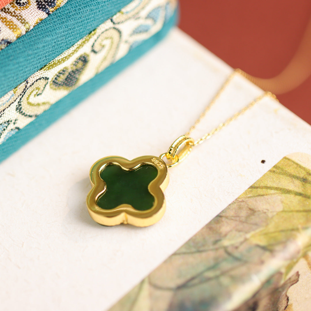 Women's Four-Leaf Clover Hetian-Style Jade Pendant Necklace