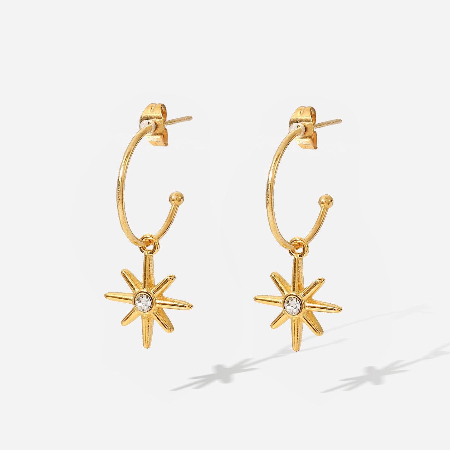 Gold C-shaped six-pointed star pendant earrings