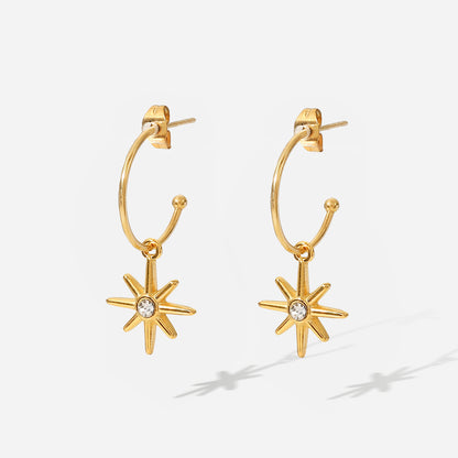 Gold C-shaped six-pointed star pendant earrings