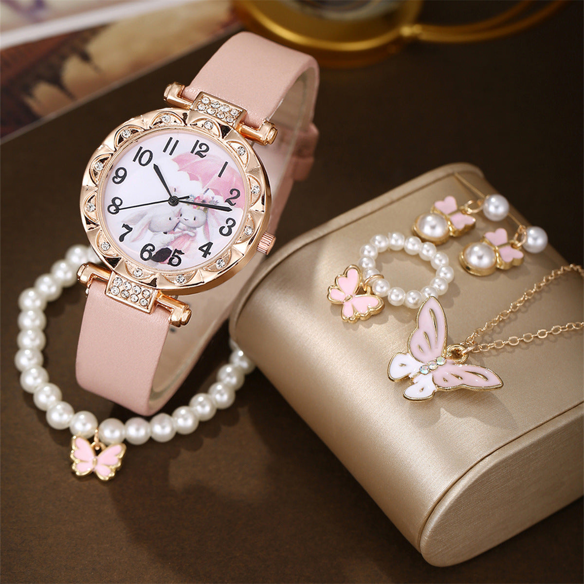 Cartoon Watch Pearl Butterfly Pendant Jewelry Set
