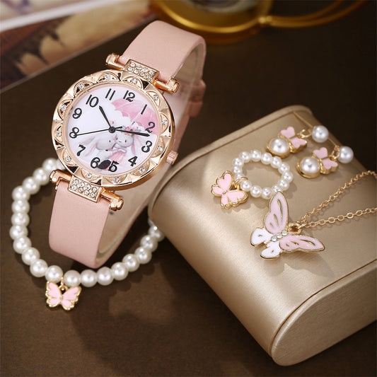 Cartoon Watch Pearl Butterfly Pendant Jewelry Set