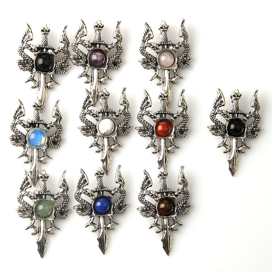 Pingente dominador masculino retrô de pedra de cristal duplo dragão 