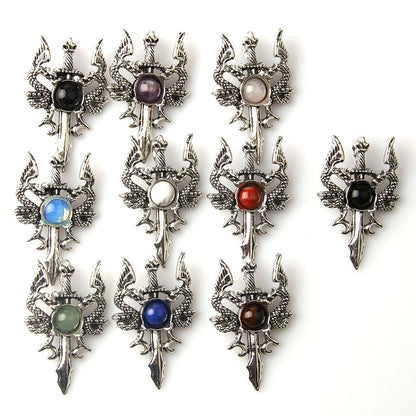 Pingente dominador masculino retrô de pedra de cristal duplo dragão 