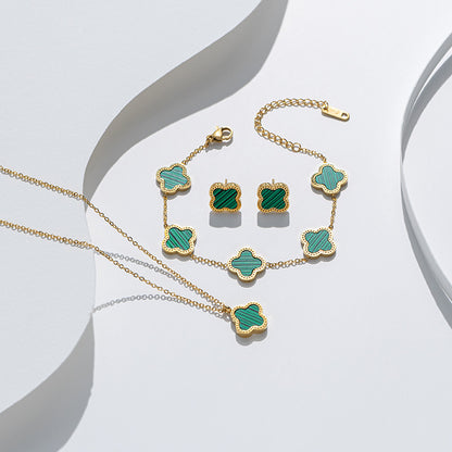 Pulseira trevo de aço titânio, brincos, conjunto de colar 