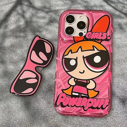 Water Wave Case iPhone15 Pro X Powerpuff Girls Sunglasses Stand
