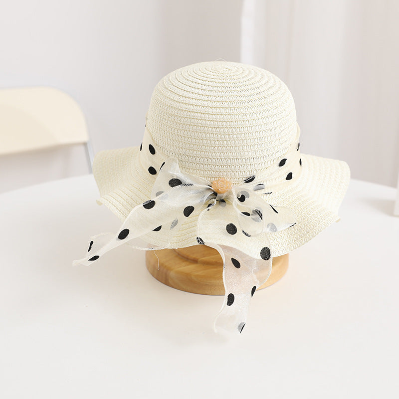 Girls' Polka Dot Bow Kids Bag Straw Beach Sun Hat