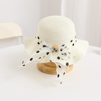 Girls' Polka Dot Bow Kids Bag Straw Beach Sun Hat